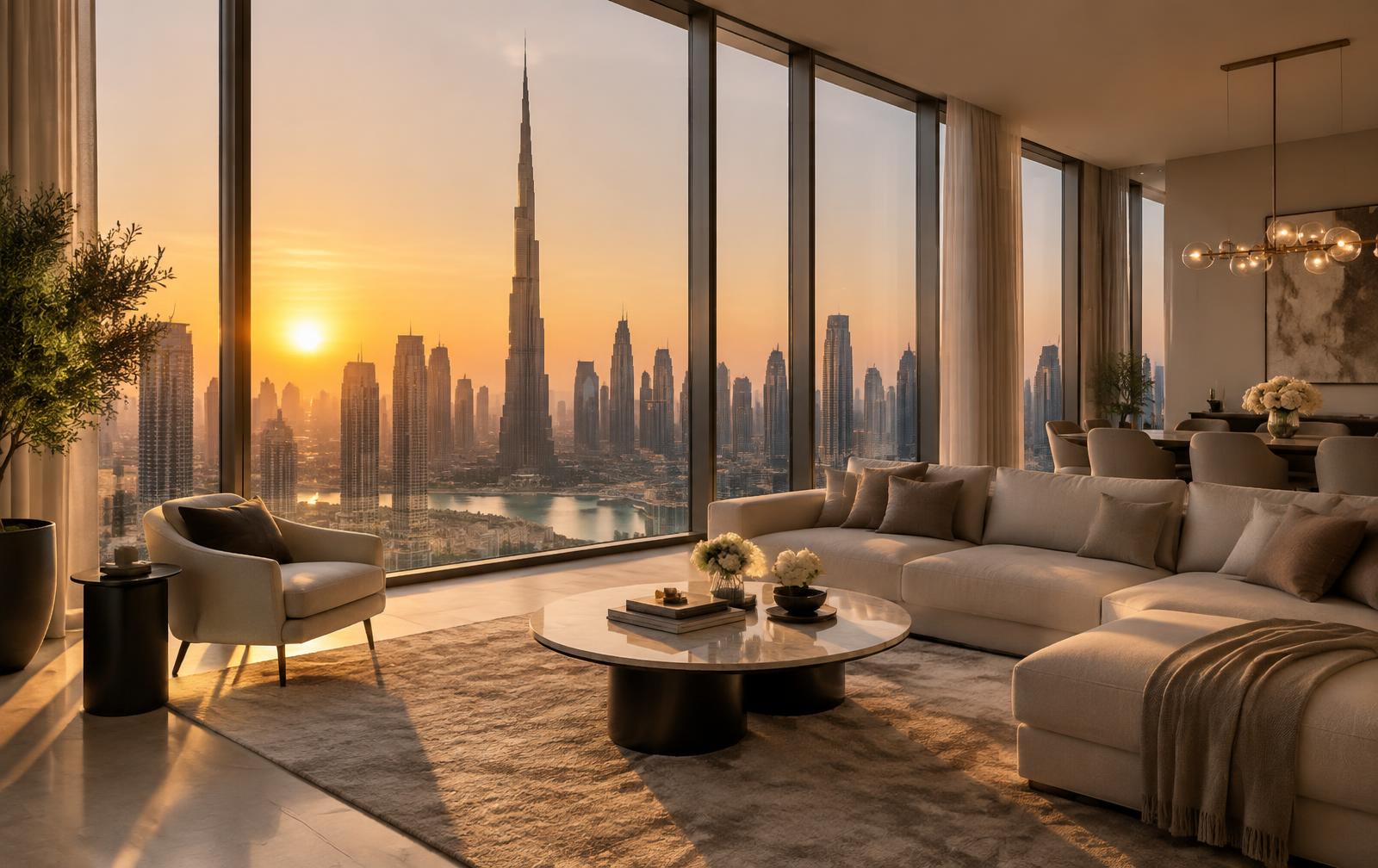 Dubai apartment with a skyline view at golden hour