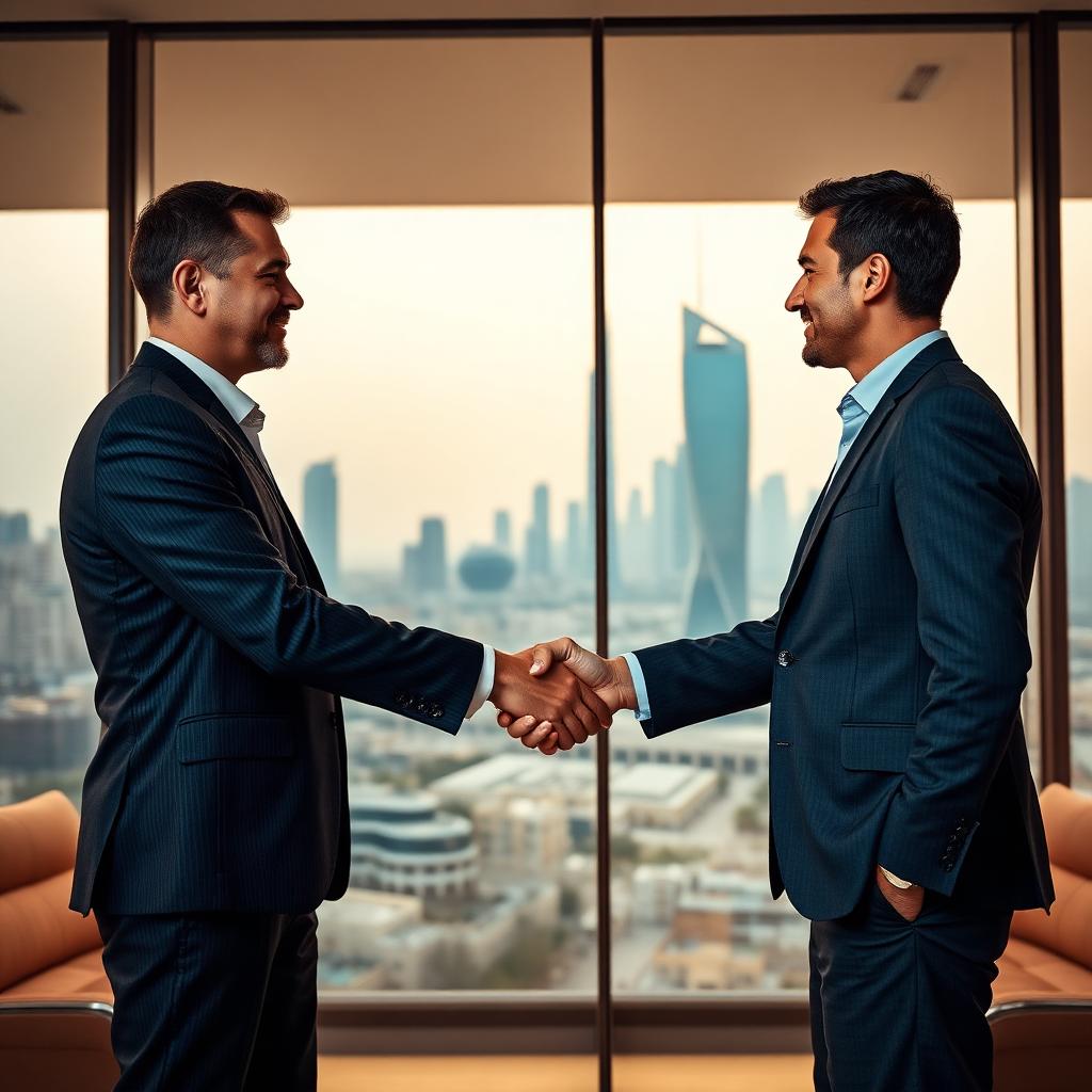 Business handshake with Dubai skyline in background