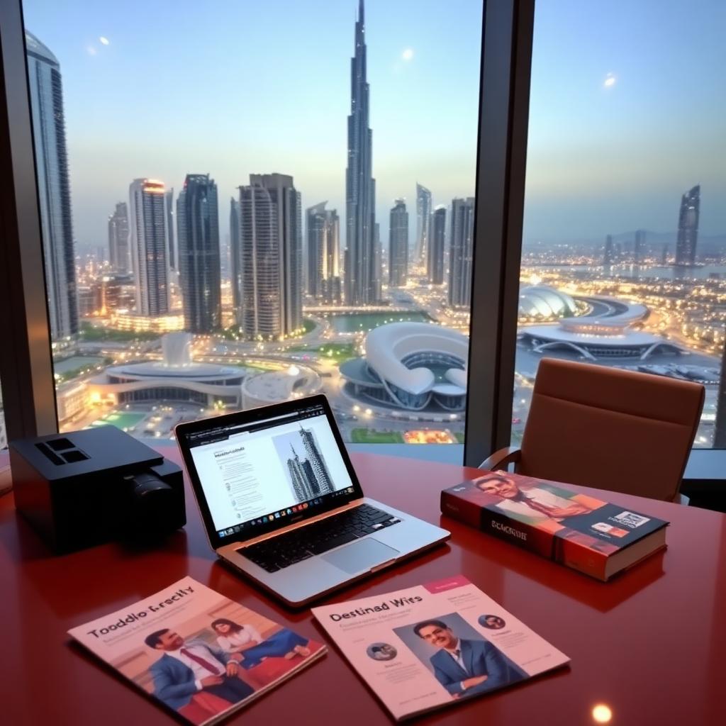 Modern Dubai office workspace with marketing kit